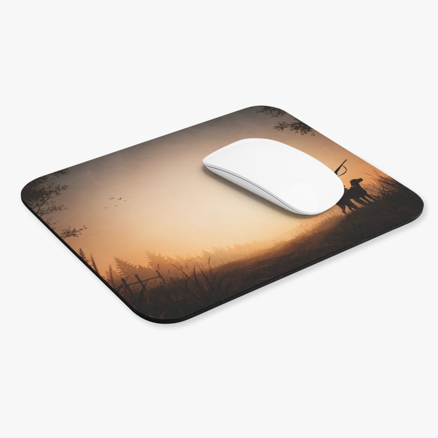 Tapis de Souris 22x18cm Chasseur avec Chien – Décor Nature Lever du Soleil – Fond Chasse Forêt – Accessoire Bureau Gaming