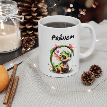 Mug Personnalisé Bébé Dragon Féérique 325ml – Tasse Céramique Prénom Fantasy Kawaii avec Papillons
