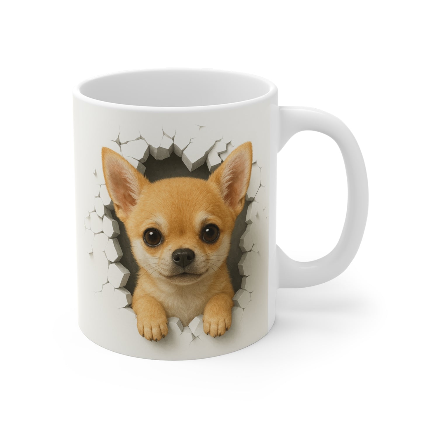 Mug Chihuahua Fauve Effet Mur Cassé – Tasse Chien 3D Trompe-l’œil – Cadeau Original Amoureux du Chihuahua