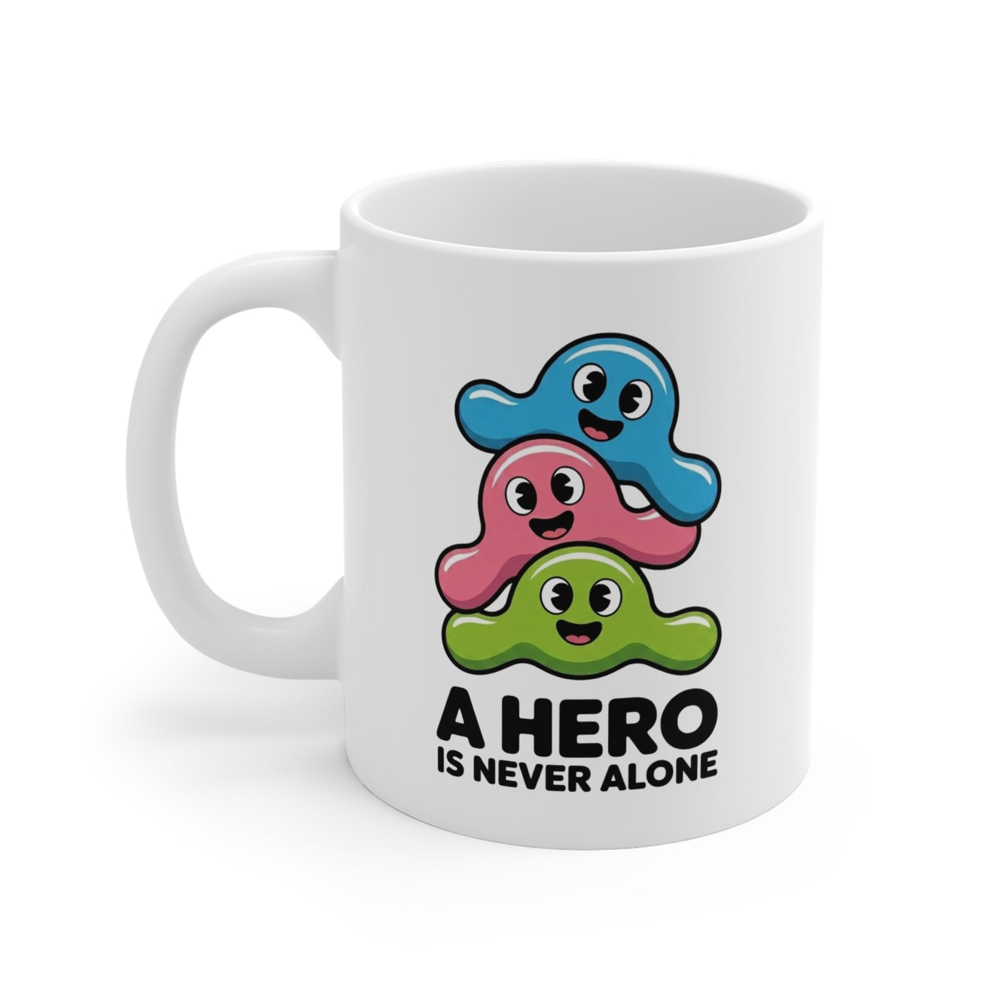 Tasse “A Hero Is Never Alone” – Mug Mignon Personnages Colorés Style Kawaii – Cadeau Positif et Fun 325ml