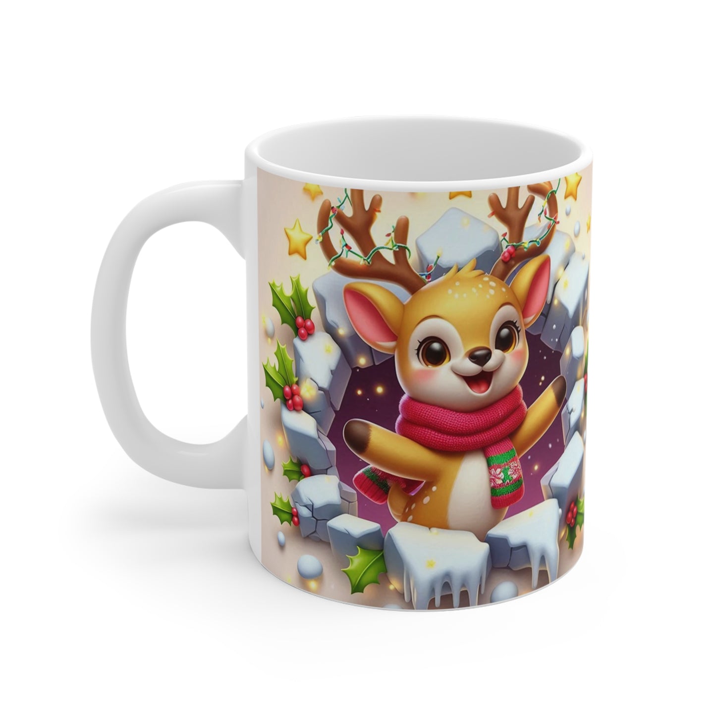 Tasse Noël 325ml – Mug Céramique Faon Cartoon avec Guirlande et Écharpe – Cadeau Original Hiver Fêtes