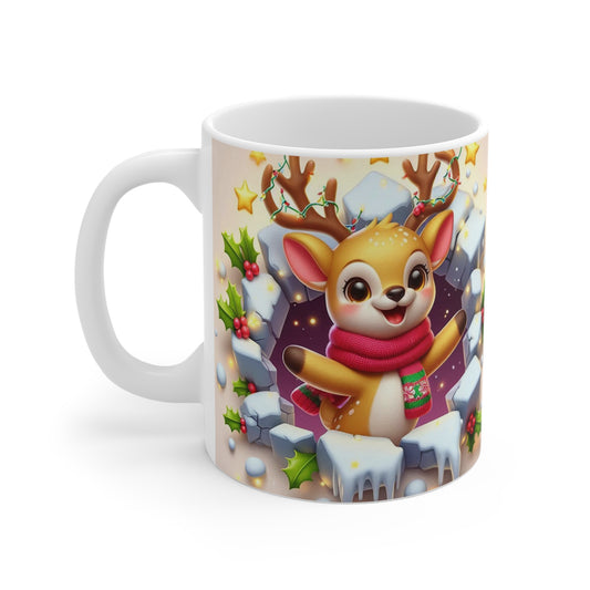 Tasse Noël 325ml – Mug Céramique Faon Cartoon avec Guirlande et Écharpe – Cadeau Original Hiver Fêtes