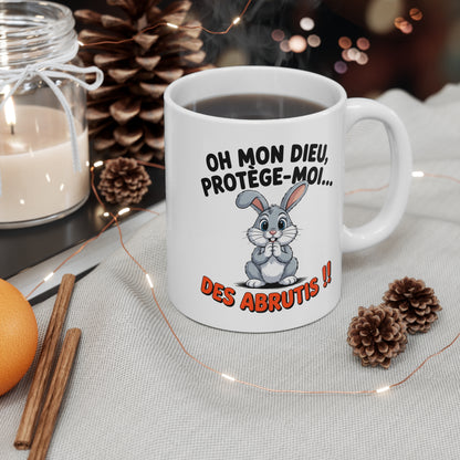 Mug Humour Lapin 325ml – Tasse Céramique Drôle “Protège-Moi des Abrutis” – Cadeau Original Sarcastique