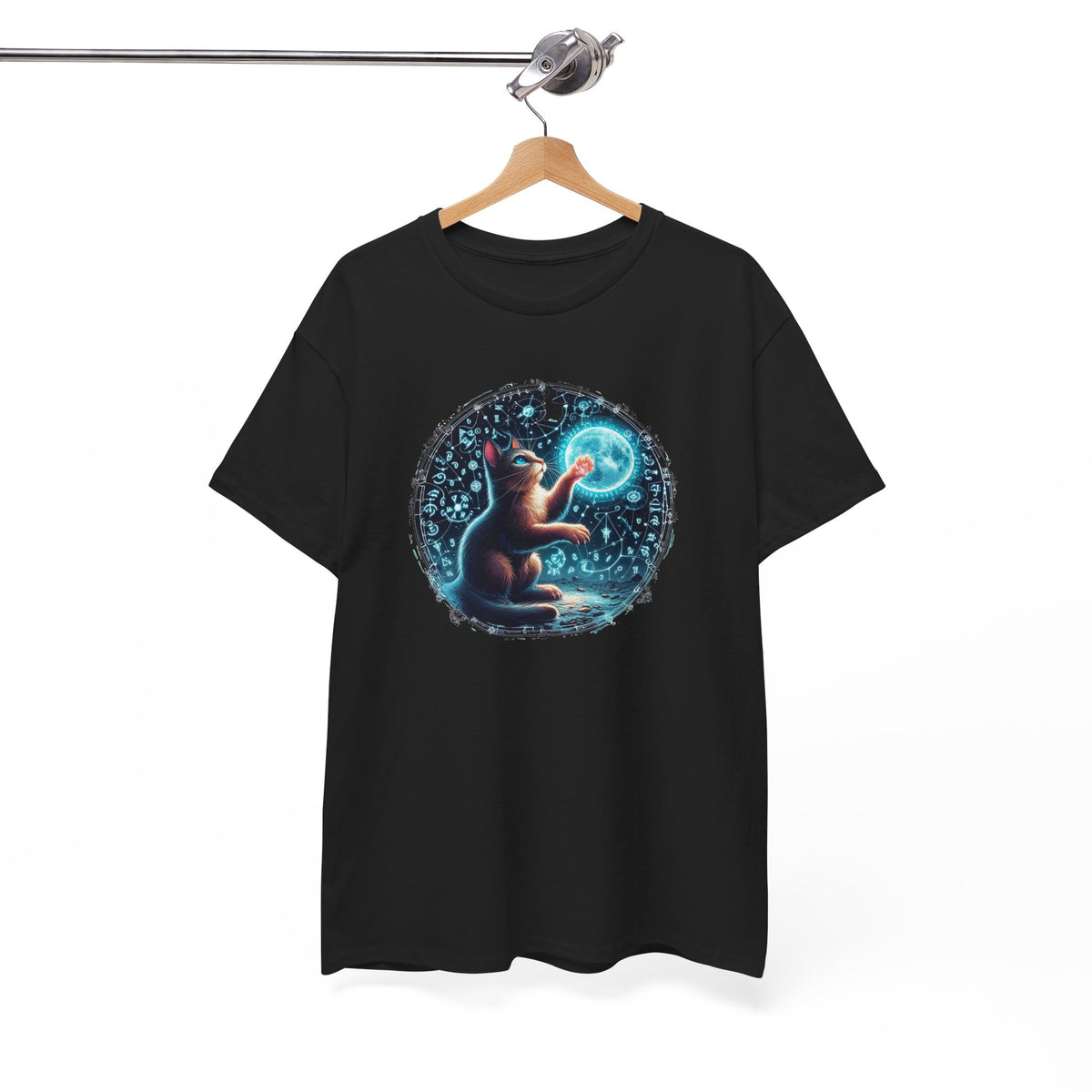 Tee Shirt Chat Mystique Homme Femme – T-Shirt Chat Lune Magique – Univers Astral Ésotérique – Design Fantastique Bleu