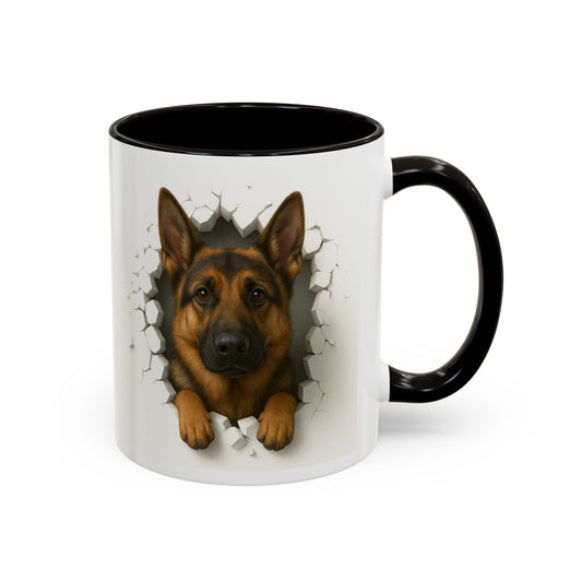Mug Berger Allemand Effet Mur Cassé – Tasse Chien 3D Trompe-l’œil – Cadeau Original Amoureux du Berger Allemand noir bleu rouge