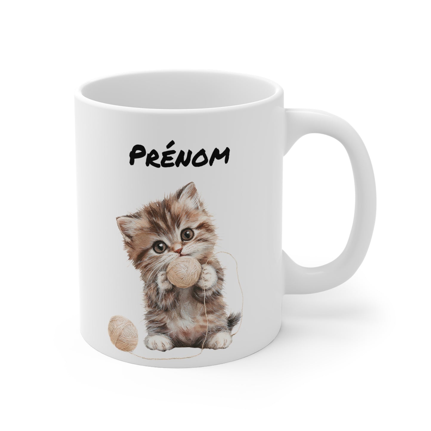 Tasse Personnalisable Chaton Brun Aquarelle – Mug Céramique 325 ml – Cadeau Prénom Mignon