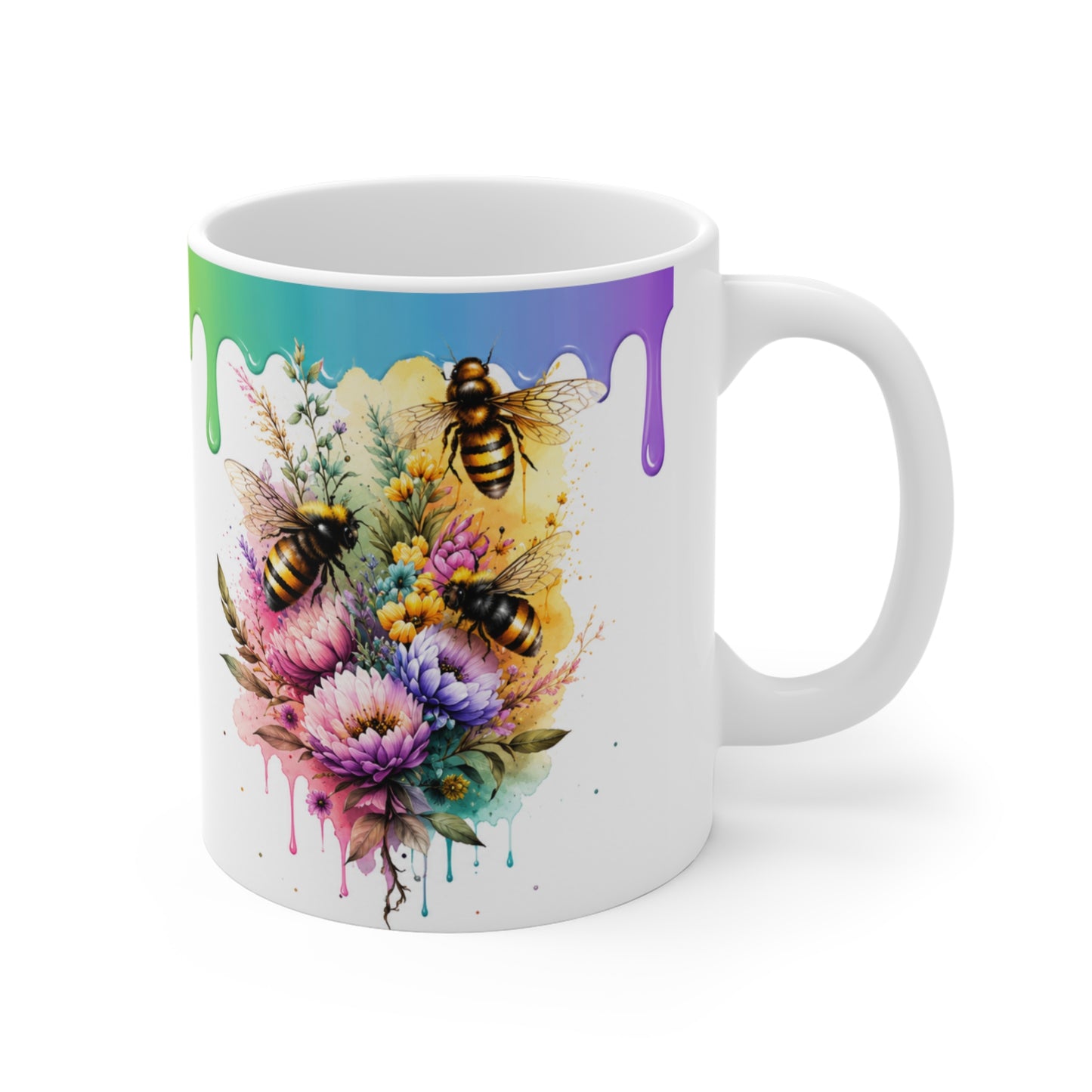Tasse Abeilles Florales – Mug Fleurs Colorées et Abeilles Aquarelle Arc-en-Ciel – Cadeau Nature Femme 325ml