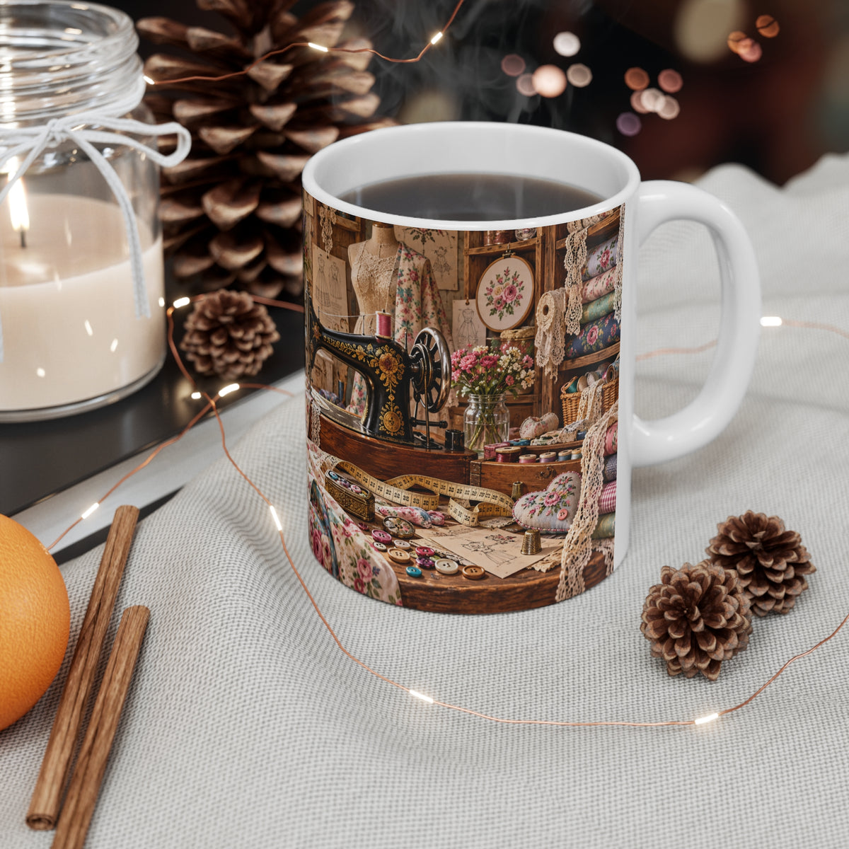 Mug Atelier de Couture Vintage – Tasse Machine à Coudre, Fleurs, Dentelle et Accessoires – Cadeau Original Couturière
