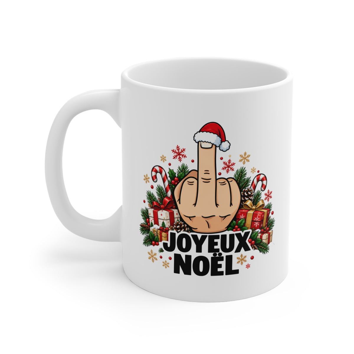 Mug Humour Noël « Joyeux Noël » – Tasse Geste Insolent avec Bonnet de Père Noël, Cadeaux et Sucre d’Orge – Cadeau Drôle Homme Femme