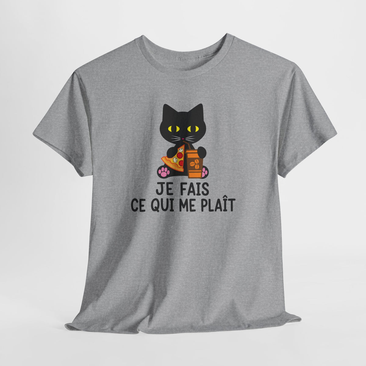 Tee Shirt Chat Homme Femme – Chat Pizza et Café Humour – Idée Cadeau Drôle Amoureux des Chats Gourmand