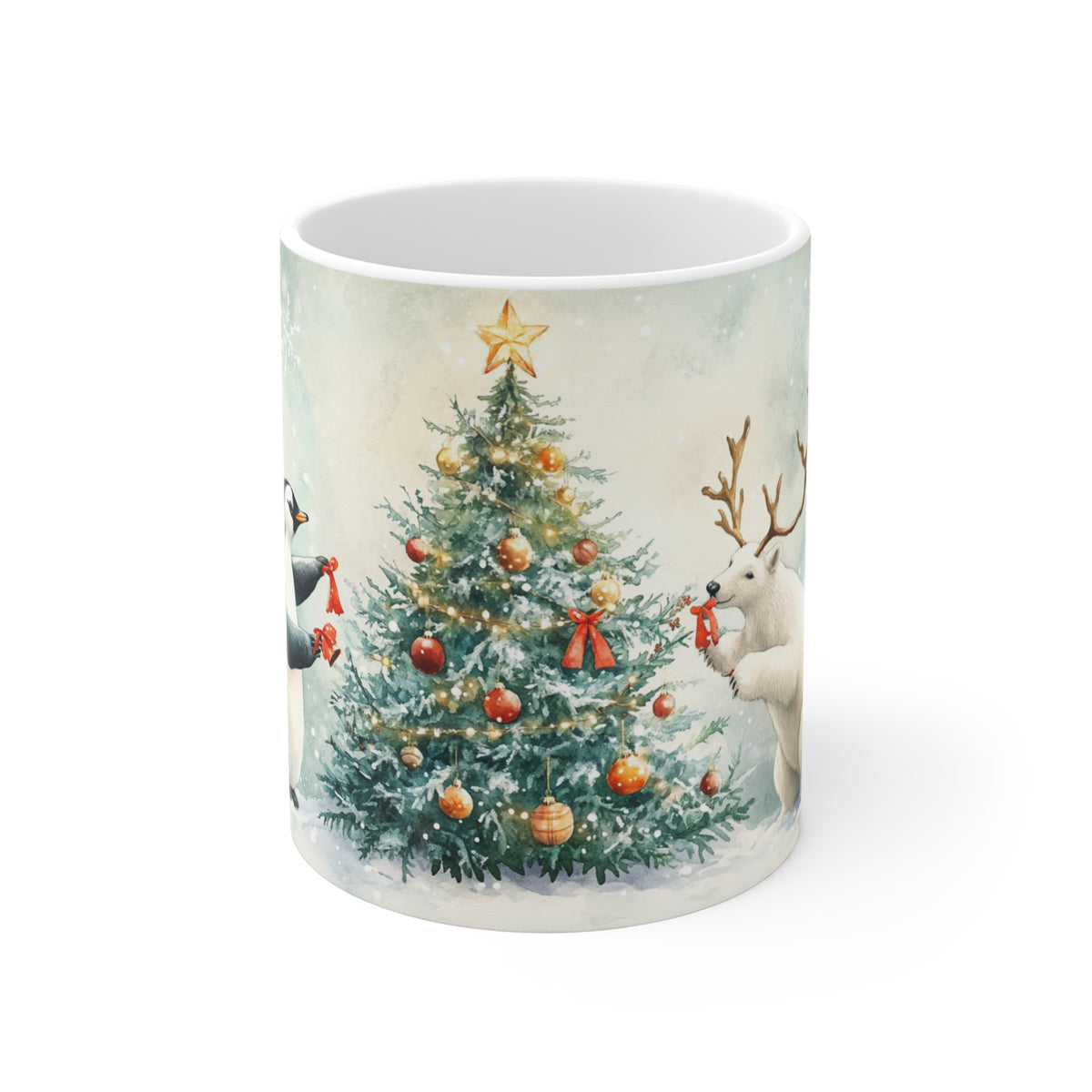Mug Animaux de Noël autour du Sapin – Pingouin et Ours Polaires Style Aquarelle – Tasse Hiver Cadeau Noël Homme Femme