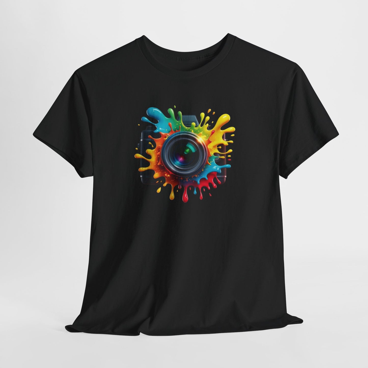 T-Shirt Photographie Appareil Photo Coloré – Tee Shirt Camera Splash Art – Cadeau Photographe Original Noir Blanc Gris