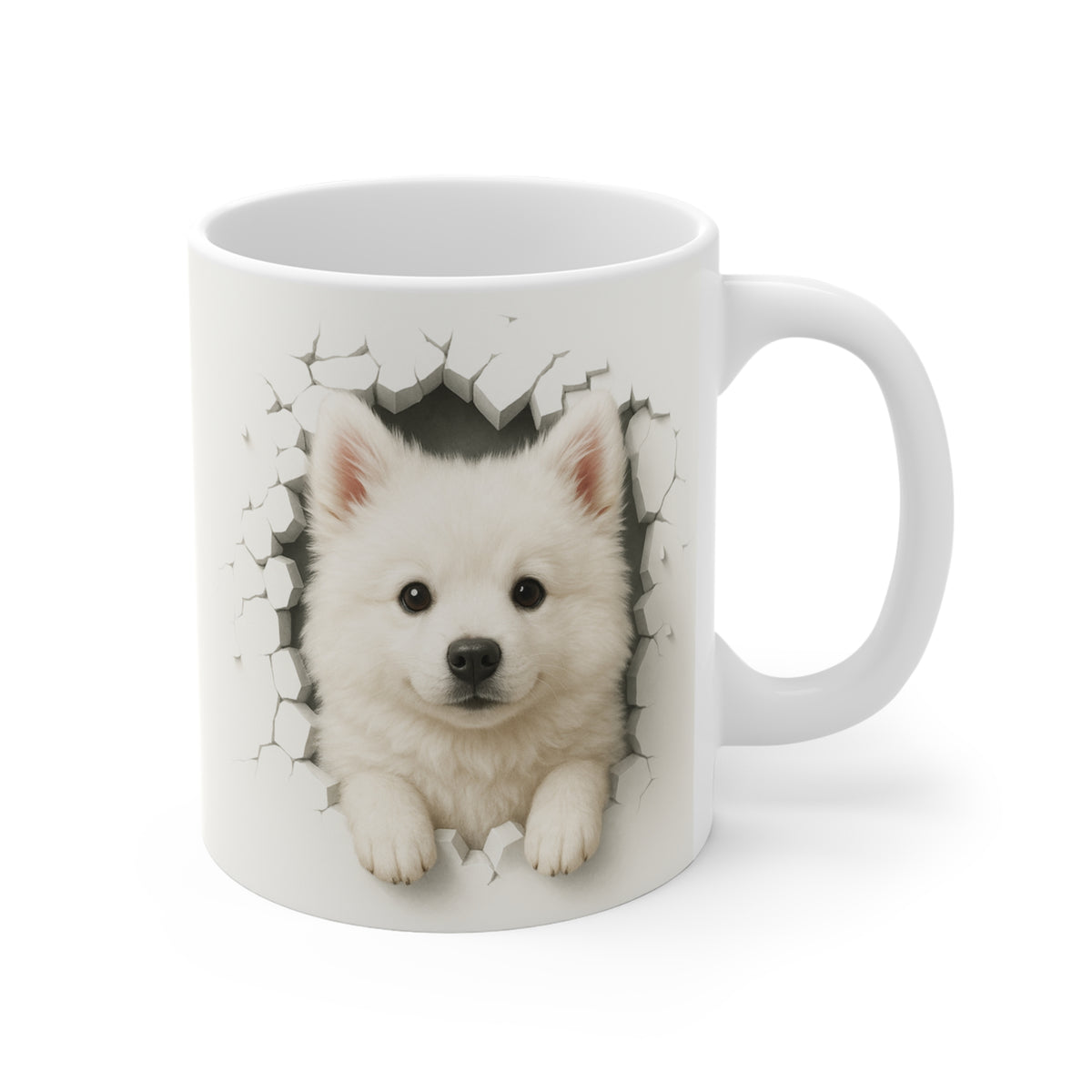 Mug Spitz Blanc Effet Mur Cassé – Tasse Chien 3D Trompe-l’œil – Cadeau Original Amoureux du Spitz