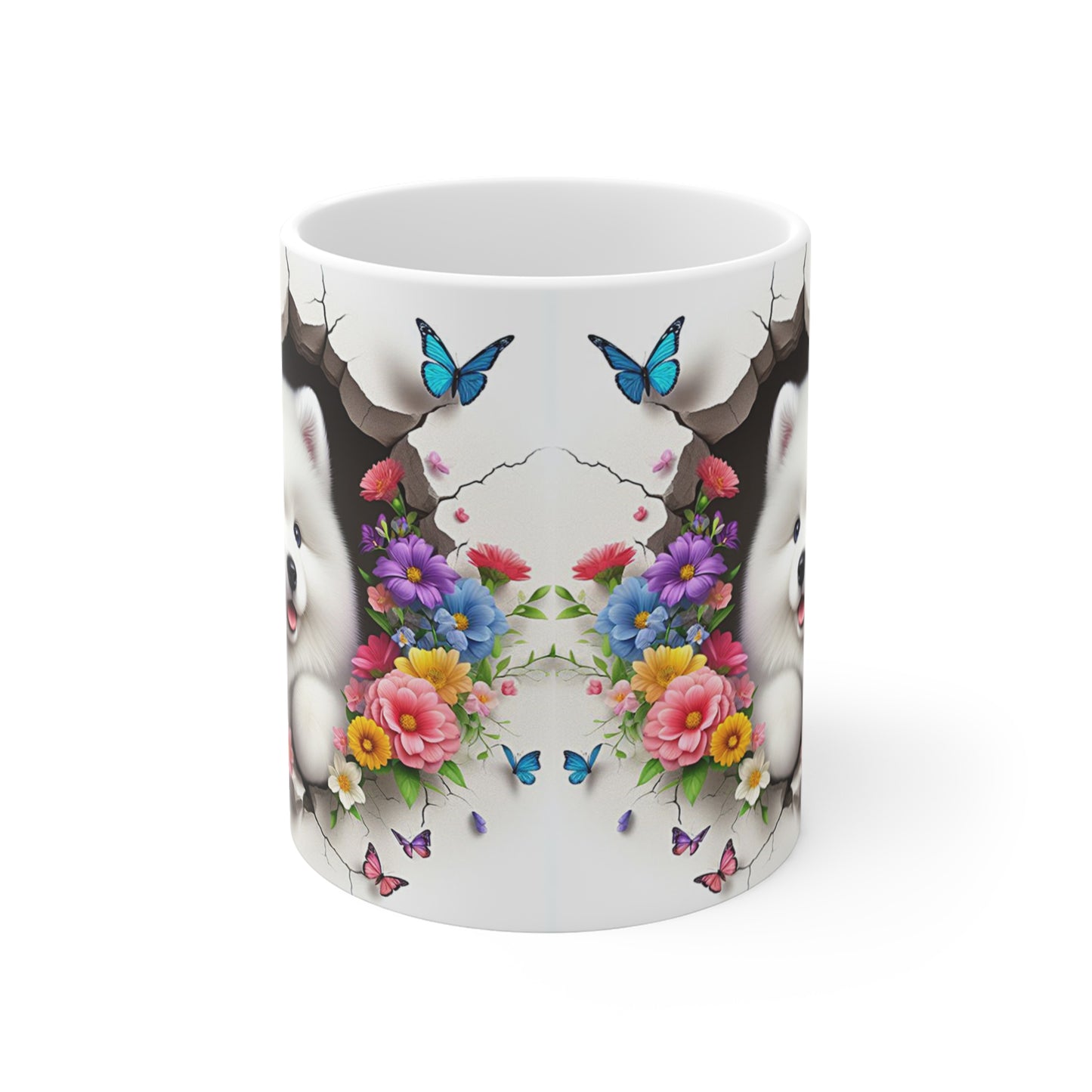 Tasse Chiot Blanc & Papillons – Mug Fleuris Coloré Printemps – Cadeau Mignon 325ml
