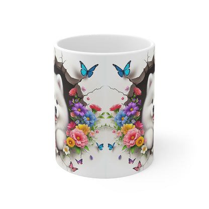 Tasse Chiot Blanc & Papillons – Mug Fleuris Coloré Printemps – Cadeau Mignon 325ml