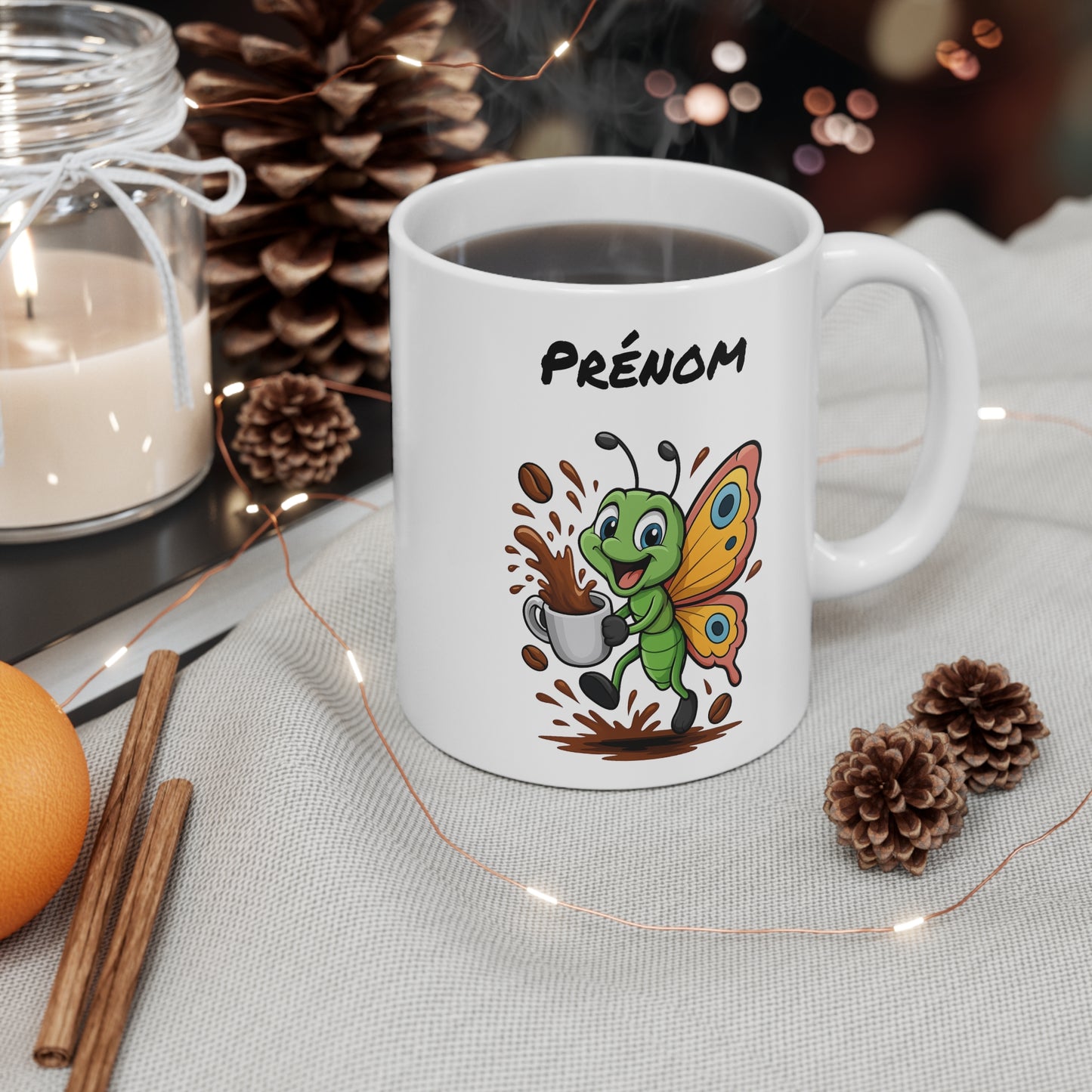 Tasse Personnalisable Papillon Café – Mug Prénom Cartoon Coloré – Cadeau Nature et Bonne Humeur 325ml