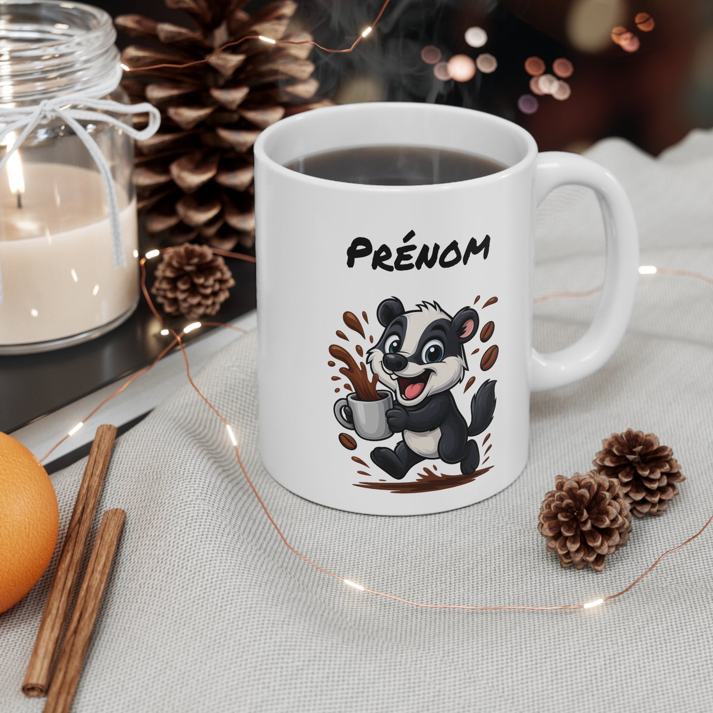 Tasse Personnalisable Blaireau Café – Mug Prénom Animal Cartoon Céramique 325ml – Cadeau Original