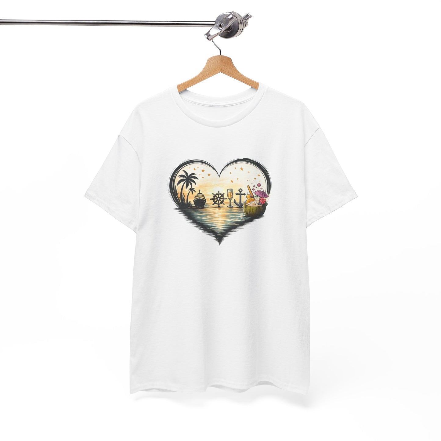 T-Shirt Cœur Océan Tropical – Design Voyage Mer et Cocktails – Tee-Shirt Ambiance Vacances et Liberté
