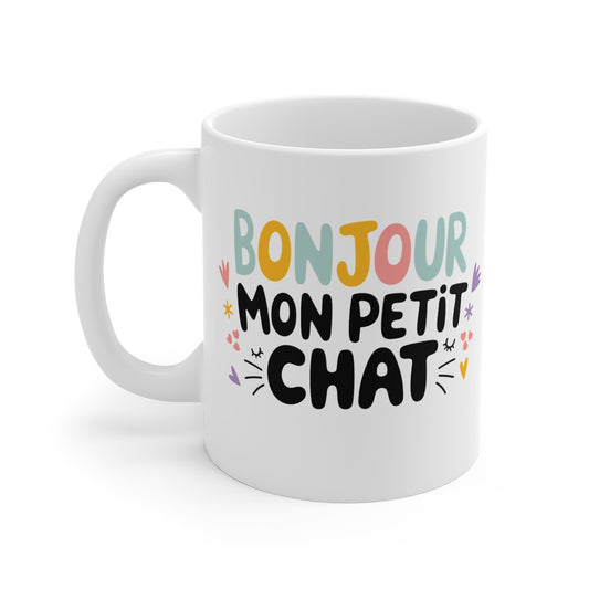 Mug "Bonjour Mon Petit Chat" - Cadeau Mignon pour Les Amoureux des Chats - Tasse en Céramique