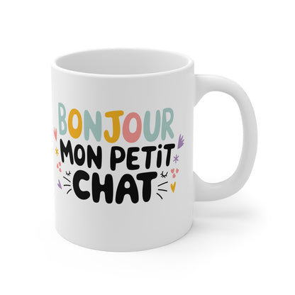 Mug "Bonjour Mon Petit Chat" - Cadeau Mignon pour Les Amoureux des Chats - Tasse en Céramique