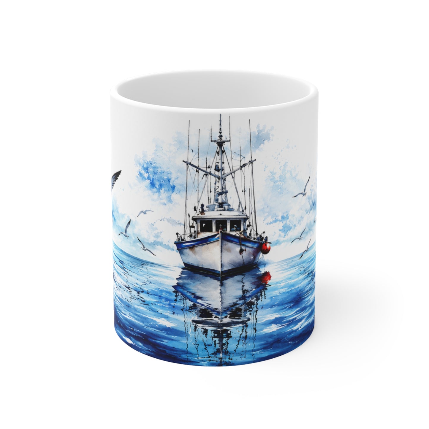 Tasse Bateau de Pêche Aquarelle – Mug Marin avec Mouettes et Océan – Cadeau Pêcheur Homme Femme 325ml