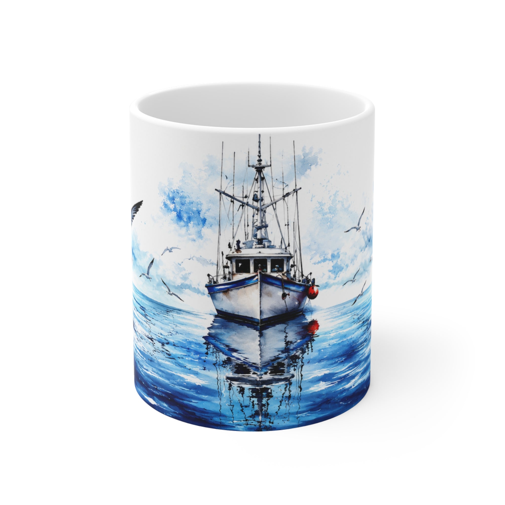 Tasse Bateau de Pêche Aquarelle – Mug Marin avec Mouettes et Océan – Cadeau Pêcheur Homme Femme 325ml