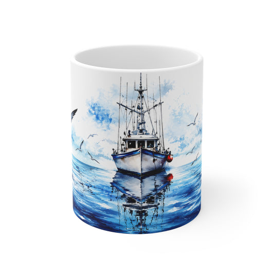 Tasse Bateau de Pêche Aquarelle – Mug Marin avec Mouettes et Océan – Cadeau Pêcheur Homme Femme 325ml