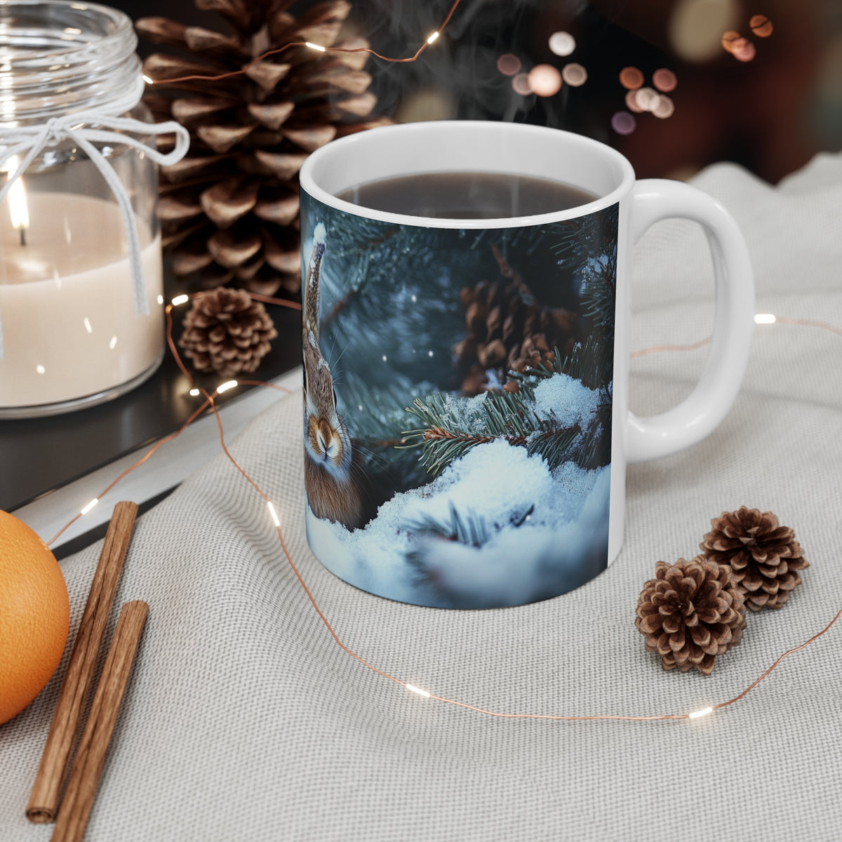 Mug Lapin dans la Neige – Tasse Hiver Forêt Enneigée avec Pommes de Pin – Cadeau Original Amoureux des Lapins et de la Nature
