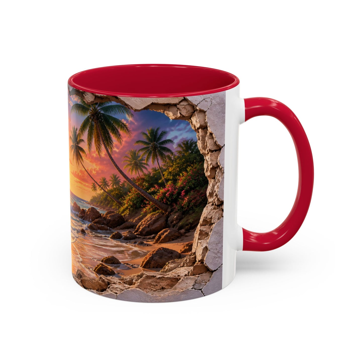 Tasse Plage Tropicale et Océan – Mug Paysage Paradis Exotique – Design Artistique Effet Mur Cassé – Céramique 325ml