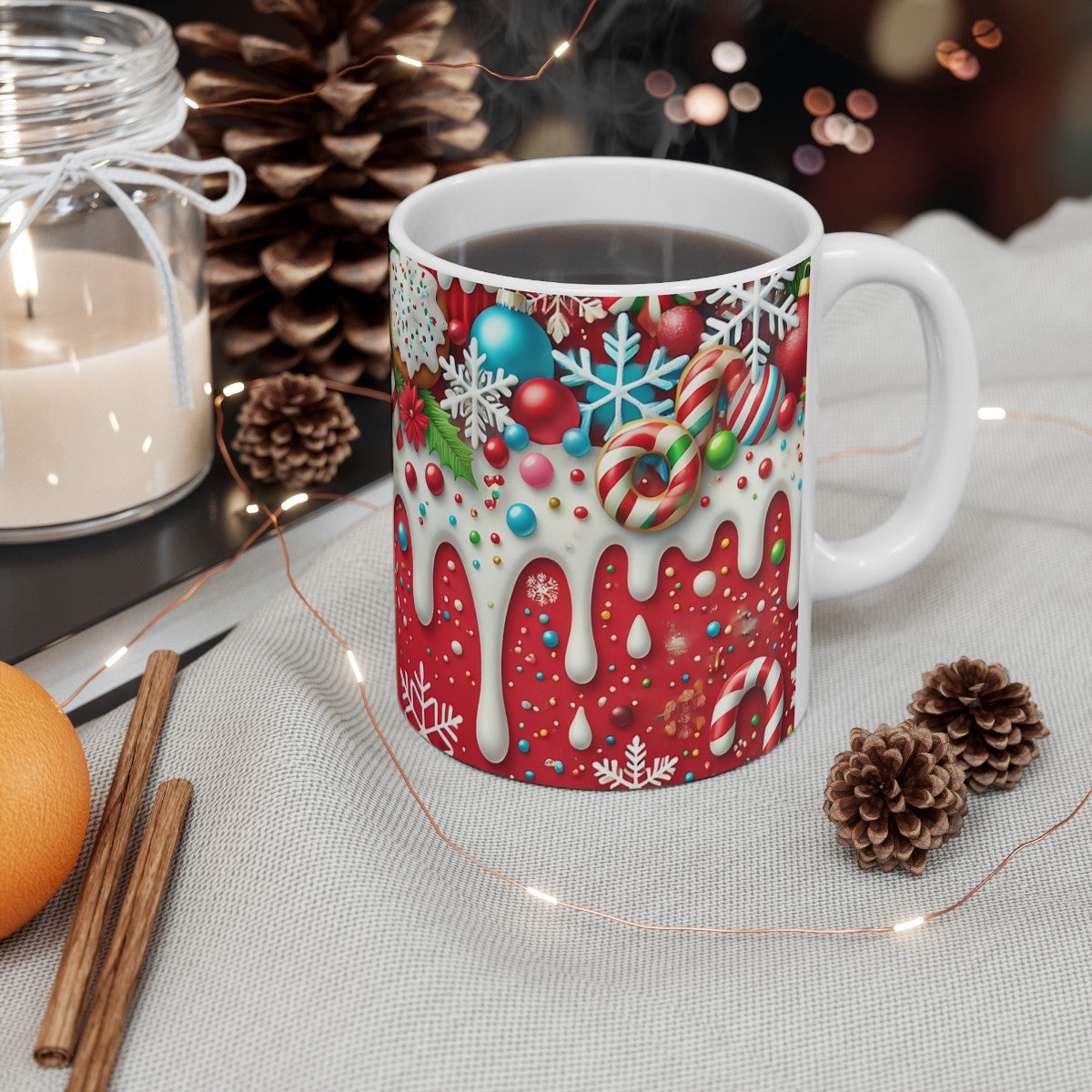 Mug Noël - Design Festif avec Bonhomme en Pain d'Épice et Décorations de Noël