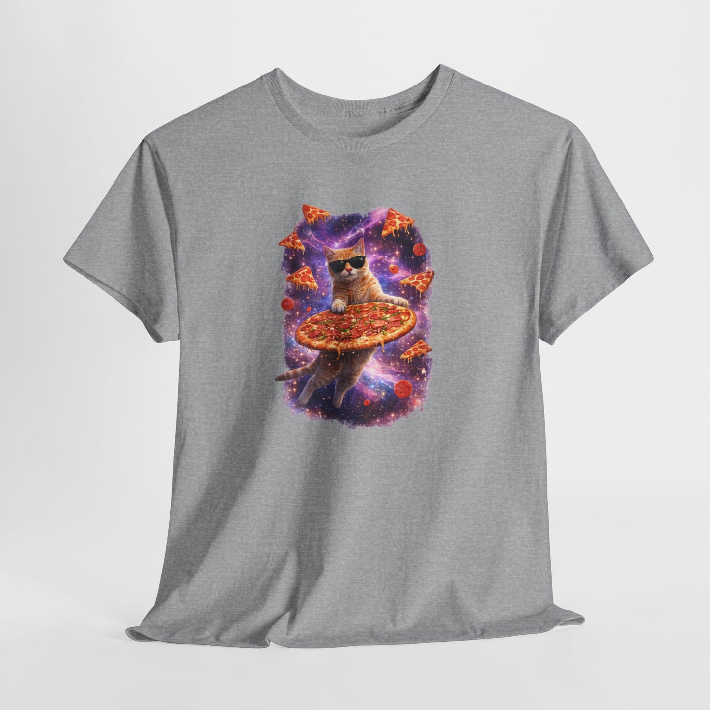 Tee Shirt Chat Pizza Galaxie – Chat drôle lunettes soleil espace – Cadeau humour Blanc Gris Noir