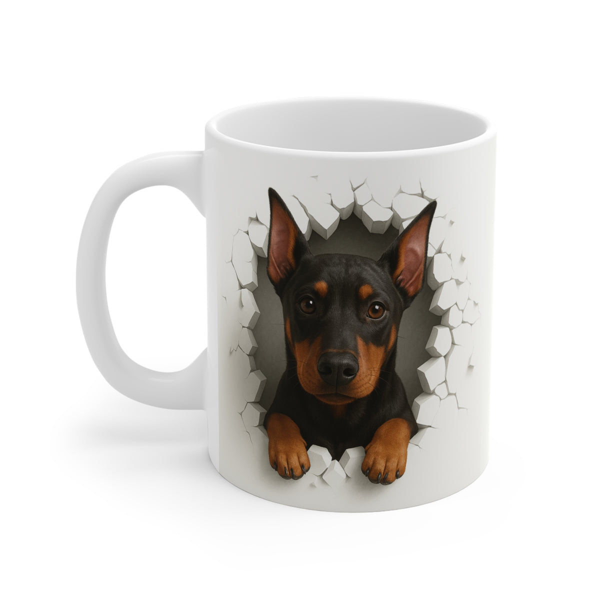 Mug Dobermann Effet Mur Cassé – Tasse Chien 3D Trompe-l’œil – Cadeau Original Amoureux du Dobermann