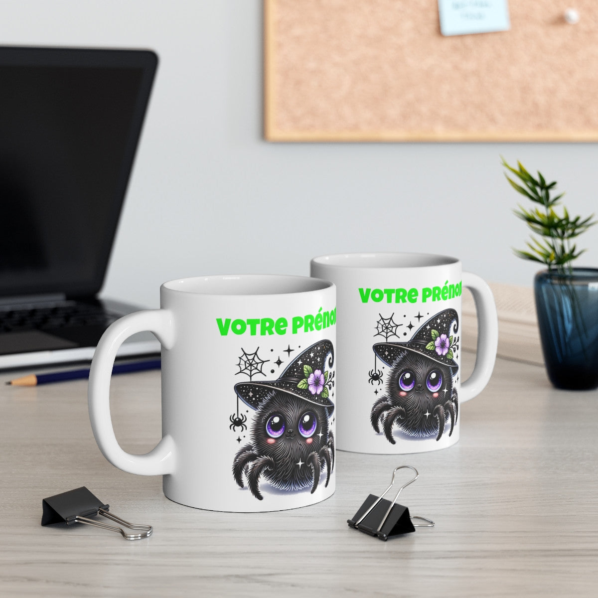 Tasse Mug Araignée Sorcière en Céramique Halloween  Personnalisable avec Prénom - pour Enfants et Adultes