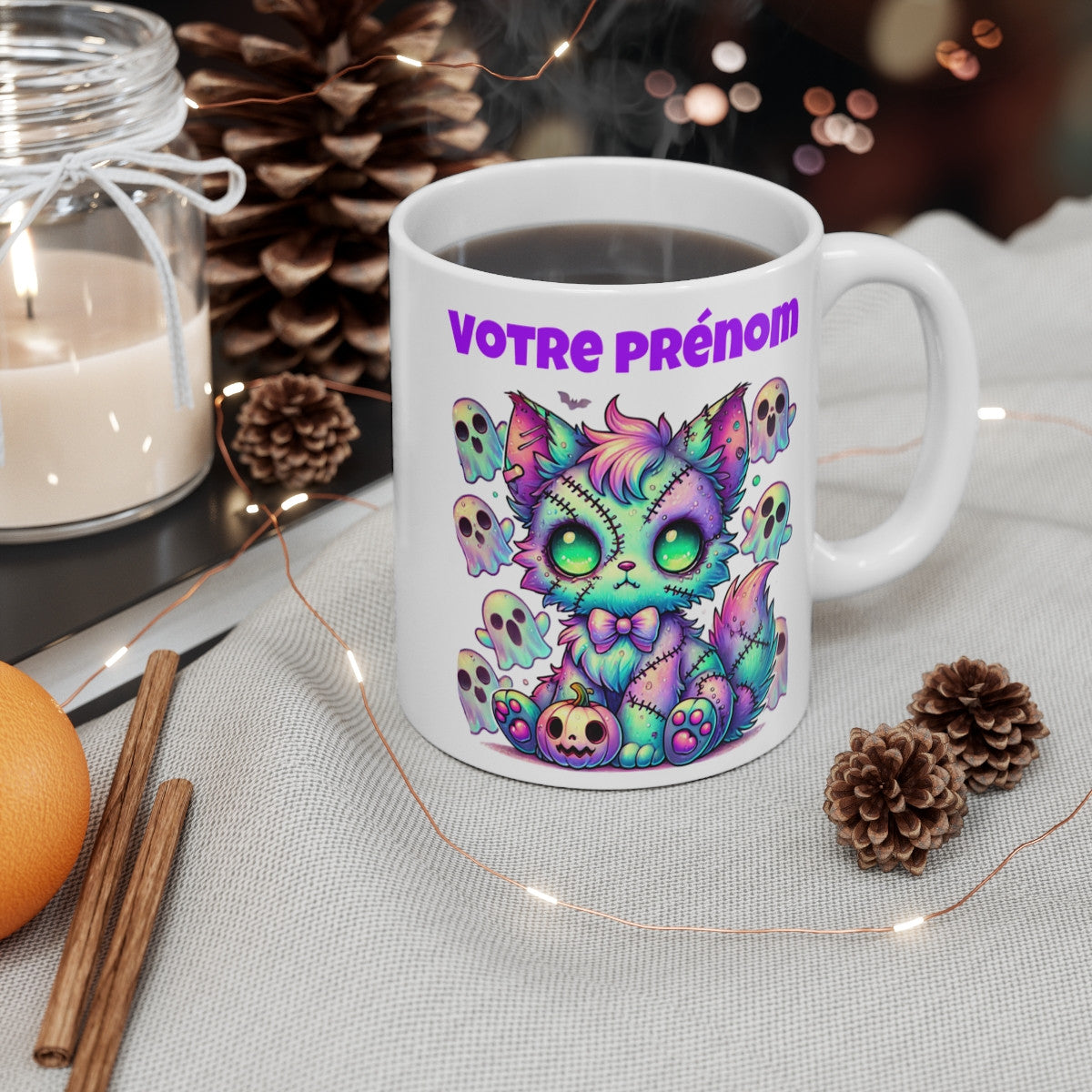 Tasse Mug Chat Halloween Fantaisie en Céramique - Personnalisable - Idée Cadeau Originale - pour Enfants et Adultes