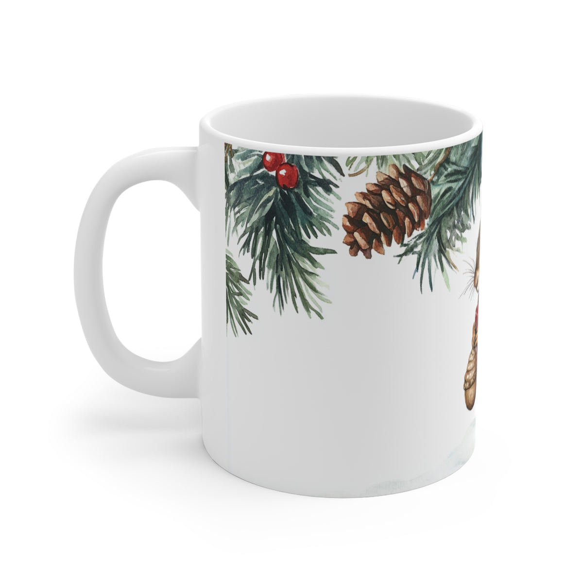 Mug Écureuil de Noël avec Gland – Tasse Hiver Sapin et Pommes de Pin Style Aquarelle – Cadeau Original Amoureux des Animaux