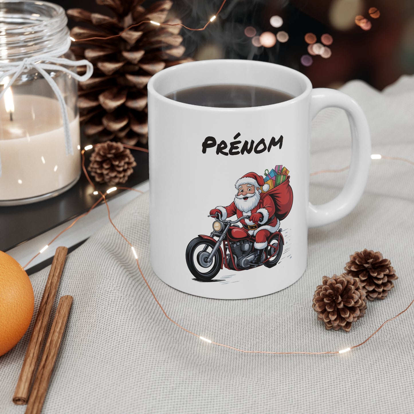 Mug Personnalisé Père Noël à Moto 325ml – Tasse Céramique Prénom Cadeau Original Motard