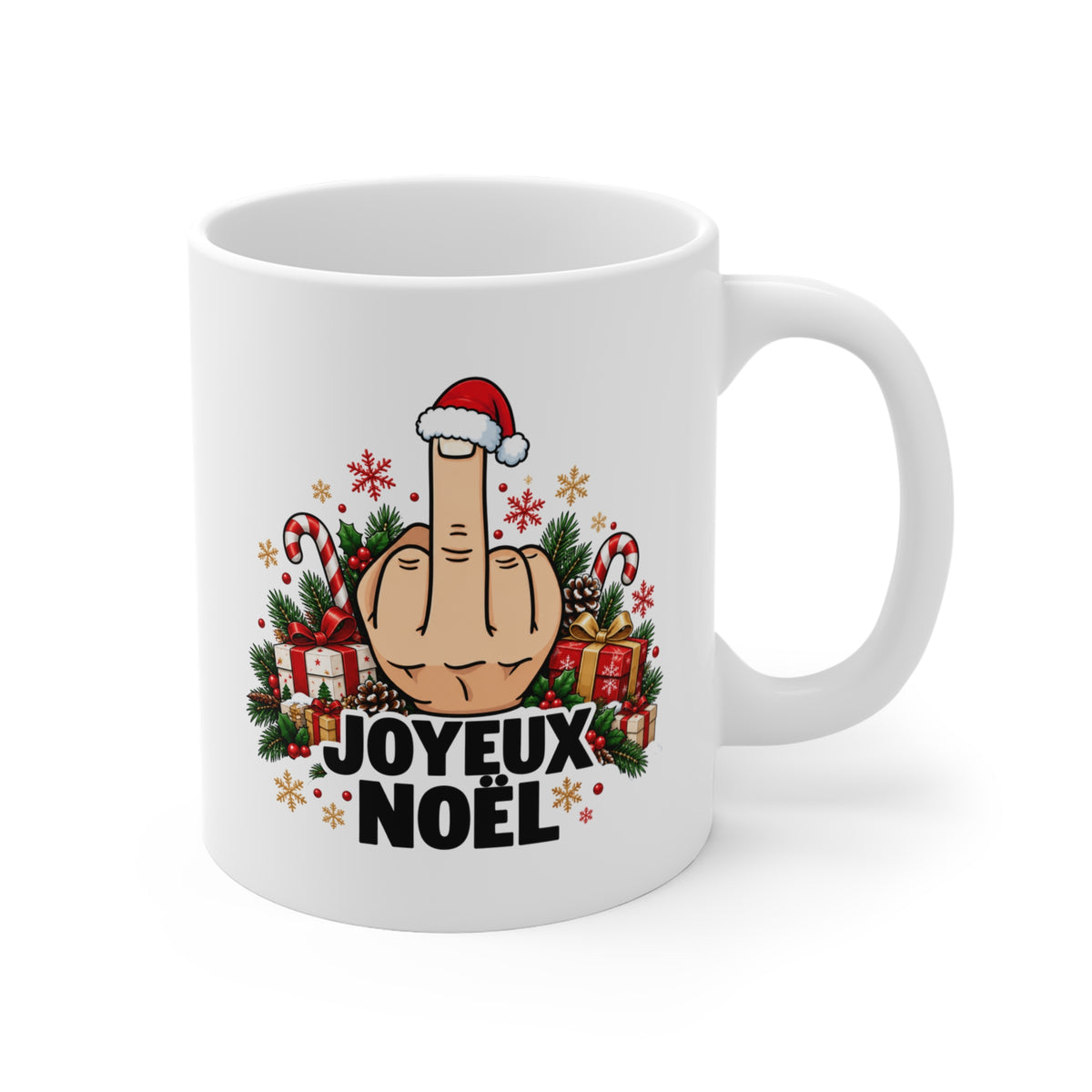 Mug Humour Noël « Joyeux Noël » – Tasse Geste Insolent avec Bonnet de Père Noël, Cadeaux et Sucre d’Orge – Cadeau Drôle Homme Femme