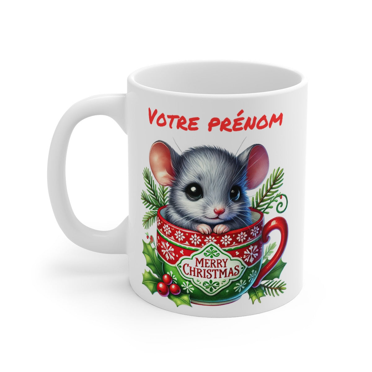 Tasse Mug Personnalisable "Prénom" avec Souris de Noël en Céramique - Idée Cadeau Unique et Festive