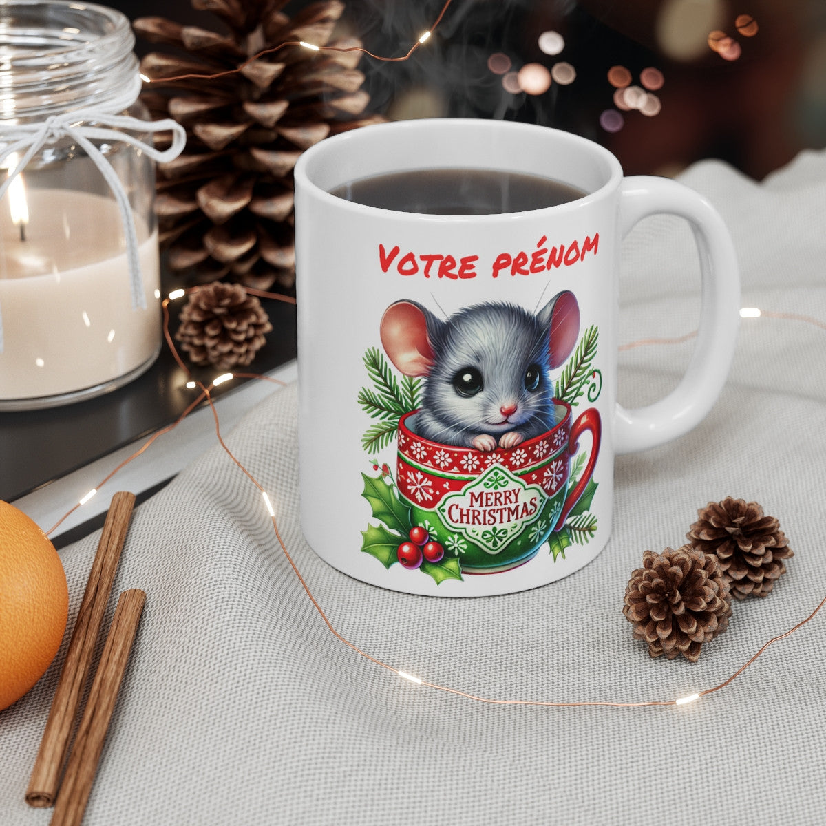 Tasse Mug Personnalisable "Prénom" avec Souris de Noël en Céramique - Idée Cadeau Unique et Festive