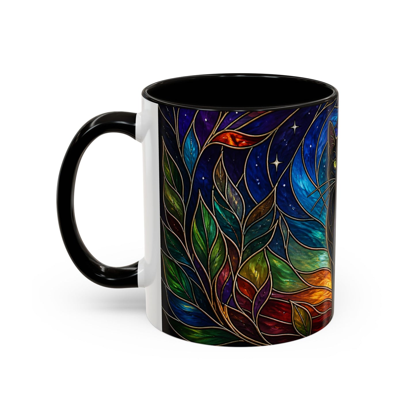 Tasse Chat Noir Style Vitrail – Mug Artistique Multicolore avec Lune et Chat Mystique – Céramique 325ml