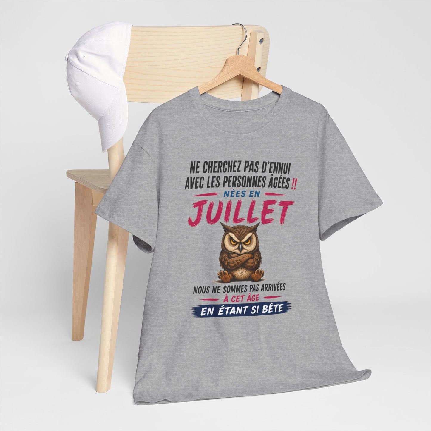Tee-Shirt Né en Juillet Humour Retraité – Cadeau Anniversaire Senior Homme Femme – Chouette Drôle Personne Âgée