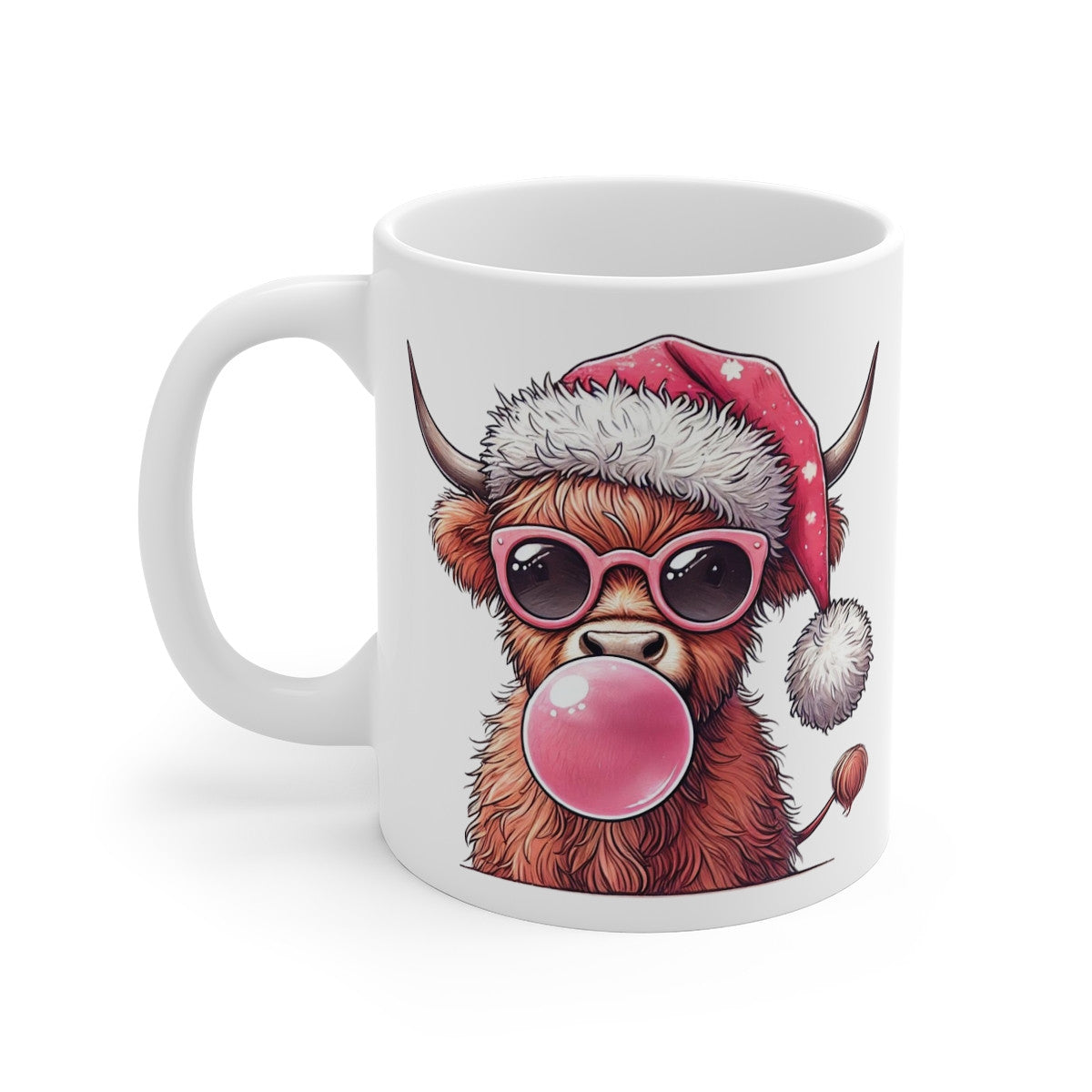 Mug Vache Highland Cool avec Bonnet de Noël et Bulle - Tasse en Céramique Amusante - Idée Cadeau Festif pour Enfants et Adultes