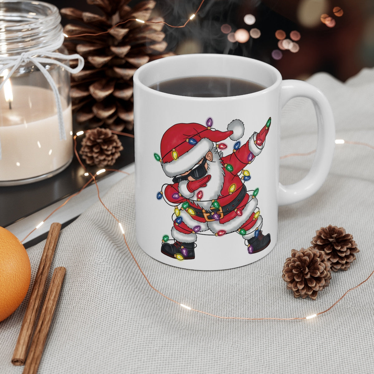 Mug Dabbing Père Noël avec Guirlande Lumineuse - Tasse en Céramique de Noël - Cadeau Festif pour Enfants et Adultes