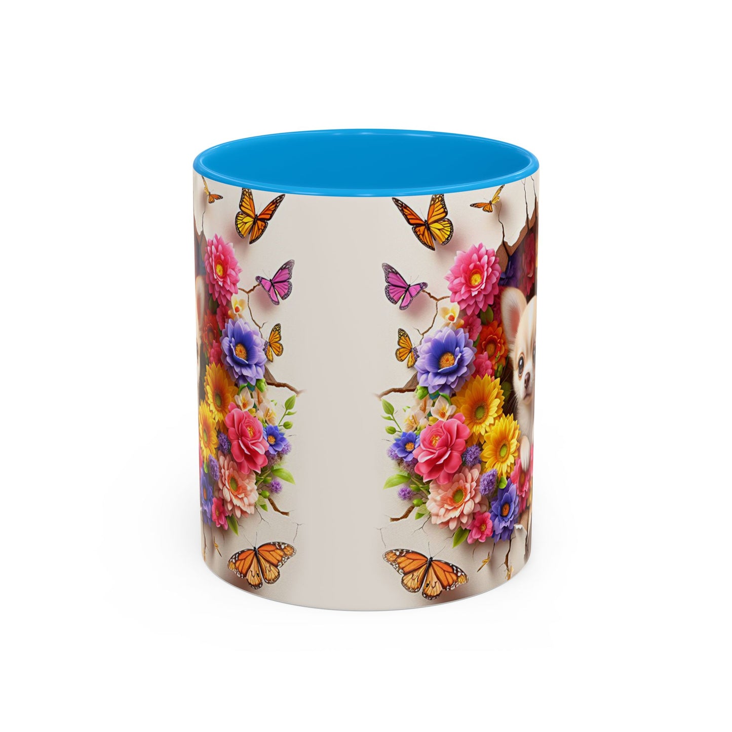 Mug Chihuahua Kawaii – Tasse Petit Chien avec Fleurs Colorées et Papillons – Cadeau Amoureux des Chiens 325ml