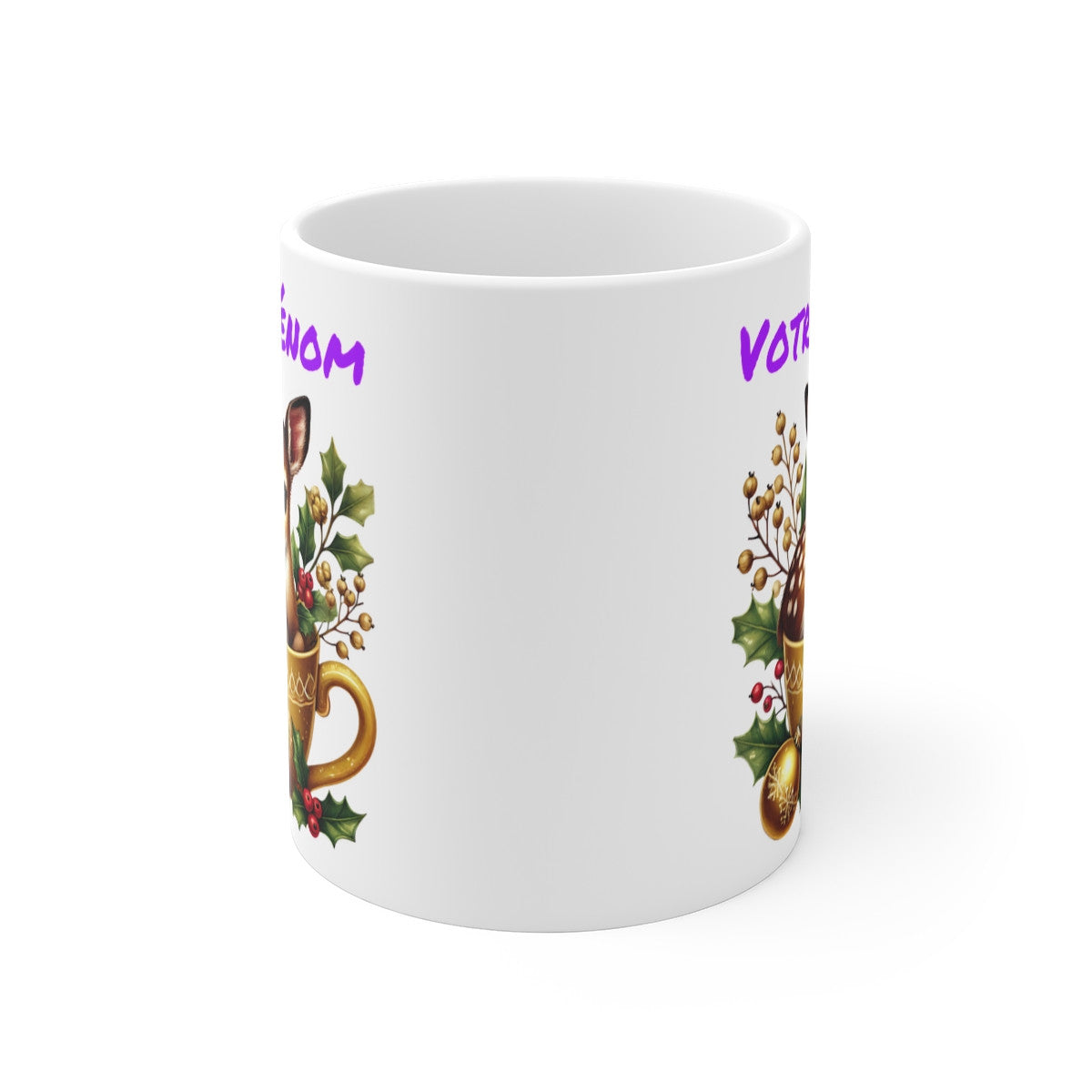 Tasse Mug Personnalisable "Prénom" avec Faon en Céramique de Noël - Idée Cadeau Unique et Festive pour Enfants et Adultes