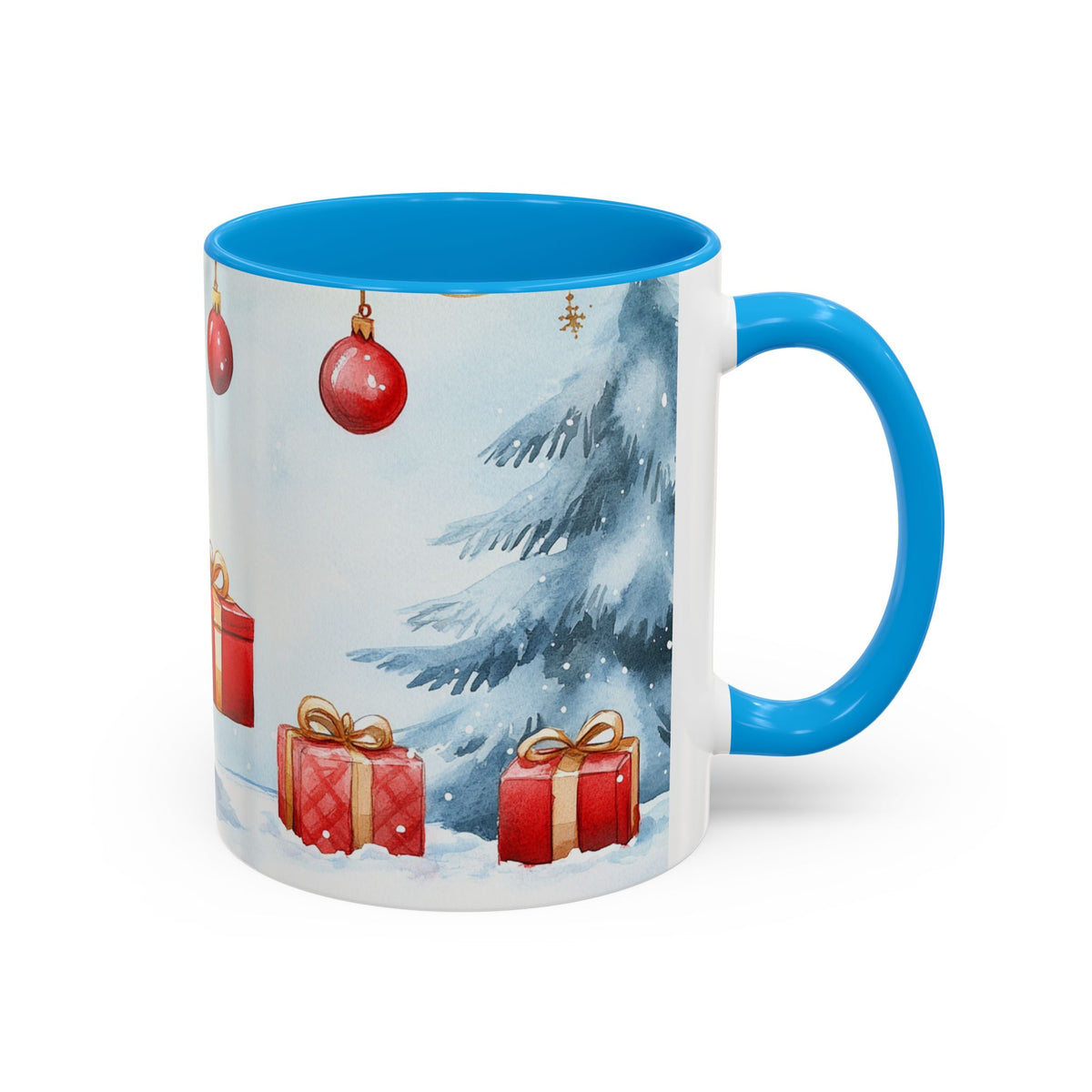 Mug Lapin de Noël avec Cadeaux – Tasse Hiver Sapins Enneigés Style Aquarelle – Cadeau de Noël Homme Femme noir bleu rouge