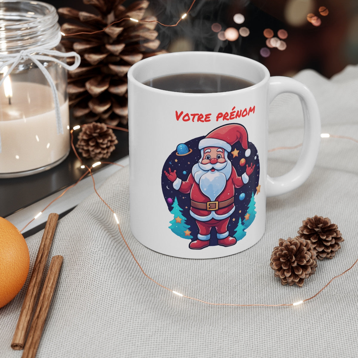 Mug Personnalisé de Noël avec Père Noël Galactique - Tasse en Céramique avec Prénom - Cadeau Festif et Fantastique