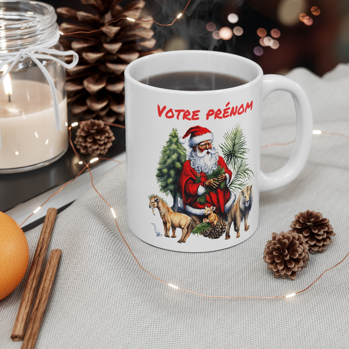 Mug de Noël Personnalisé - Père Noël et Amis de la Forêt en Céramique - Prénom au Choix