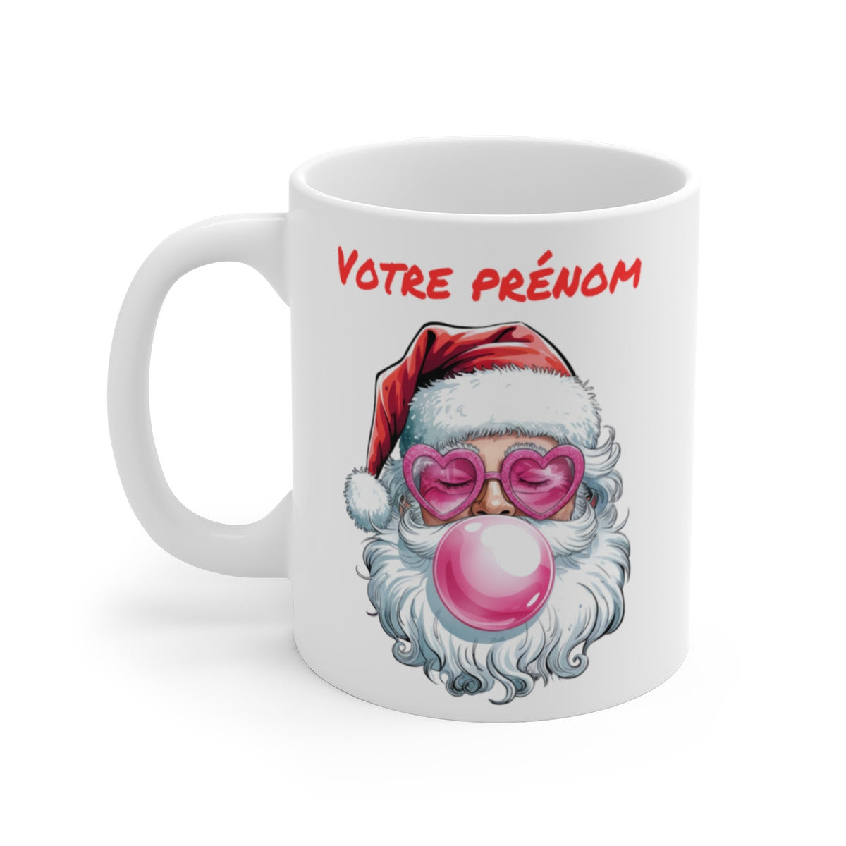Mug de Noël Personnalisé - Père Noël Cool avec Lunettes en Cœur et Bulle de Chewing-gum - Prénom au Choix