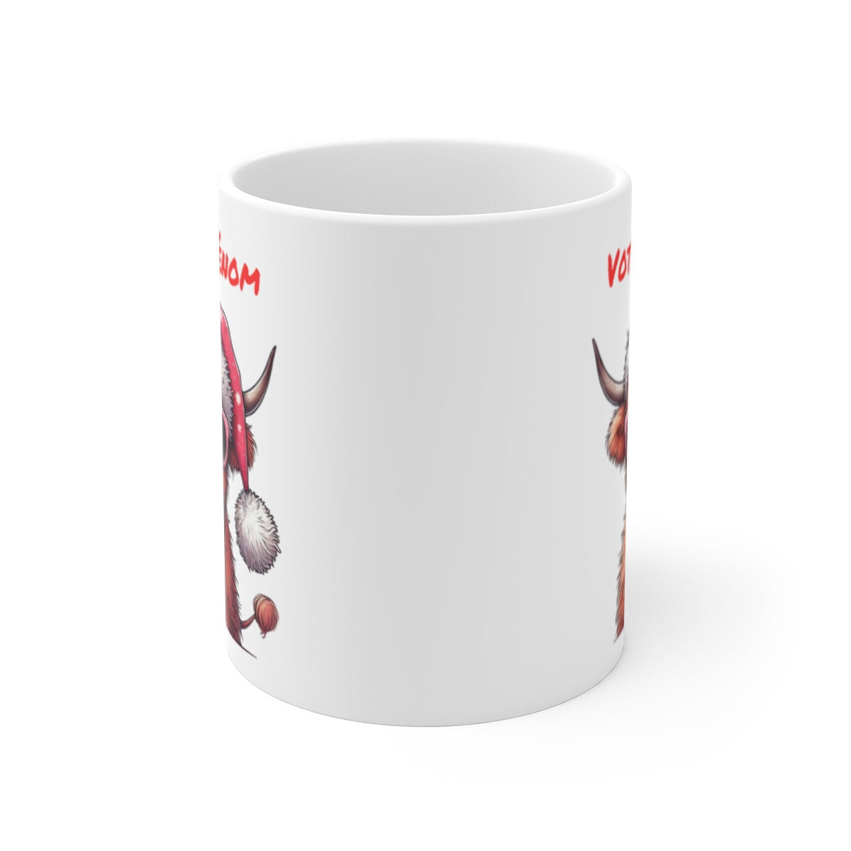 Mug de Noël Personnalisé - Vache Écossaise Cool avec Bonnet de Noël et Bulle de Chewing-Gum - Prénom au Choix